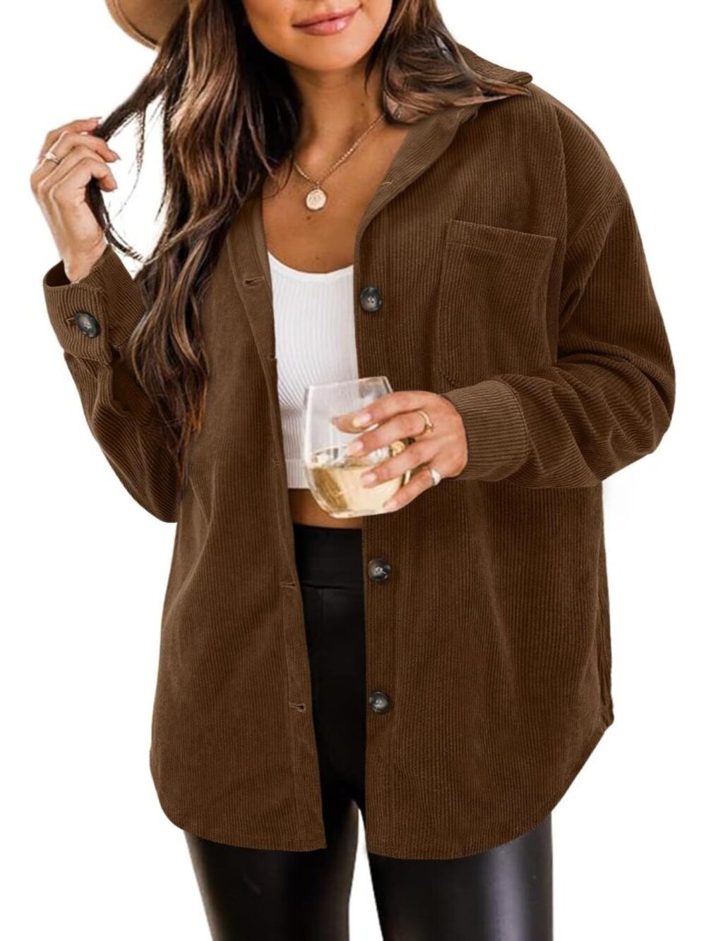 Women's Dark Brown Oversized Corduroy Long Sleeve Button-down Shacket Jacket